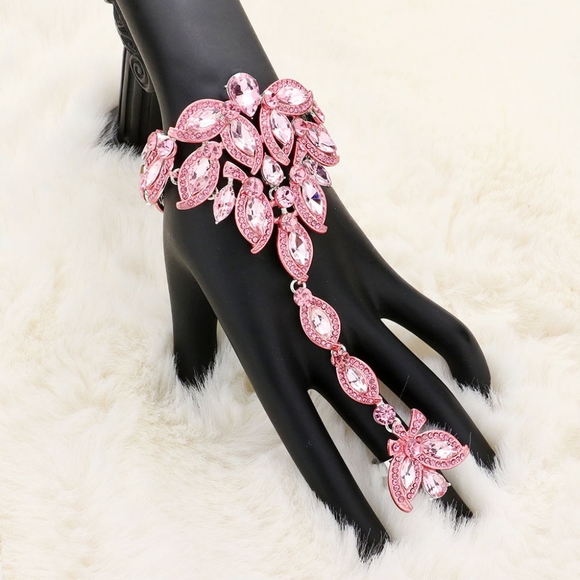Pink Marquise Crystal Evening Hand Chain Bracelet Statement Jewelry Ring - Picture 1 of 2